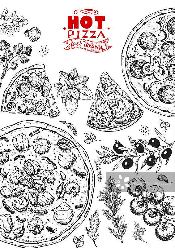 意大利披薩和配料俯視圖。意大利菜菜單設計模板。復古手繪矢量插圖。雕刻風格的插圖。菜單上的披薩標簽。圖片素材