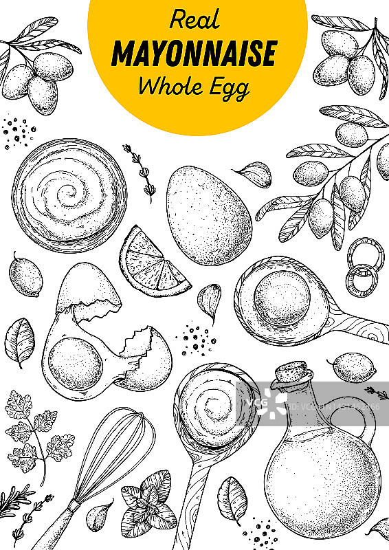 蛋黃醬烹飪及食材草圖，手繪矢量插圖。自制蛋黃醬，設計元素。手繪，包裝設計。圖片素材