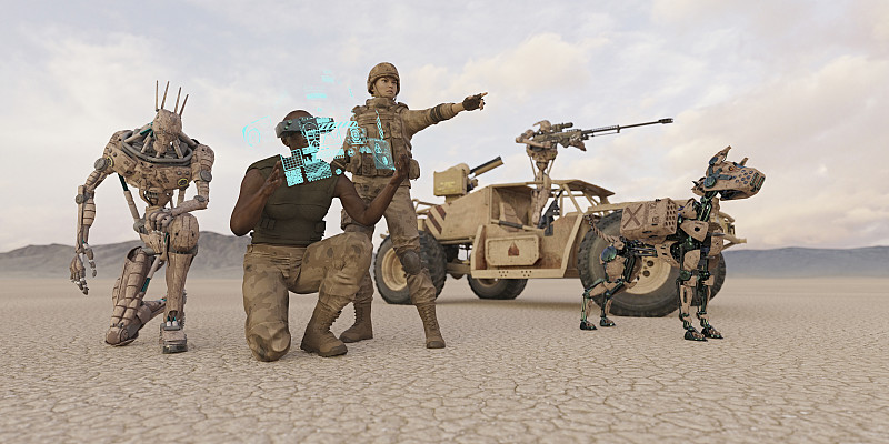 沙漠里的未來戰士和機器狗圖片素材