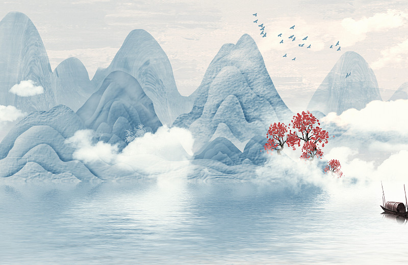 新中式藍色意境山水畫圖片素材