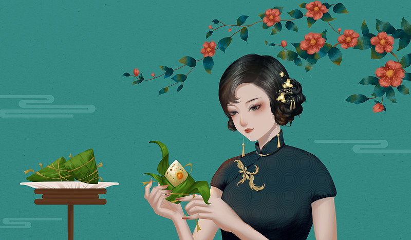 剝粽子的民國風女人中國風插畫圖片