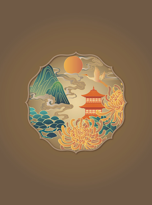 顏色復古的中國風山水插畫在藝術框內圖片
