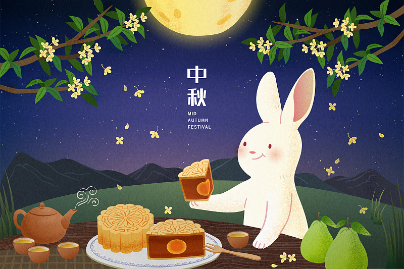 中秋滿月下享用月餅的兔子插圖圖片素材