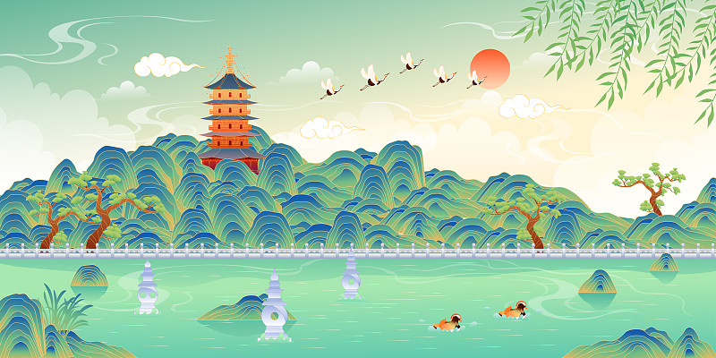 杭州西湖美麗的風景矢量插畫圖片