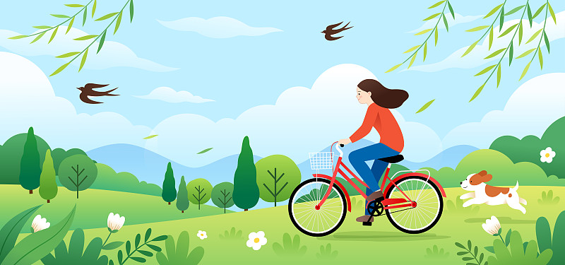 春天一個女孩在戶外騎自行車圖片素材