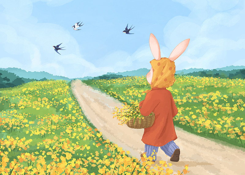 小兔的四季兔年小清新插畫橫版三月圖片