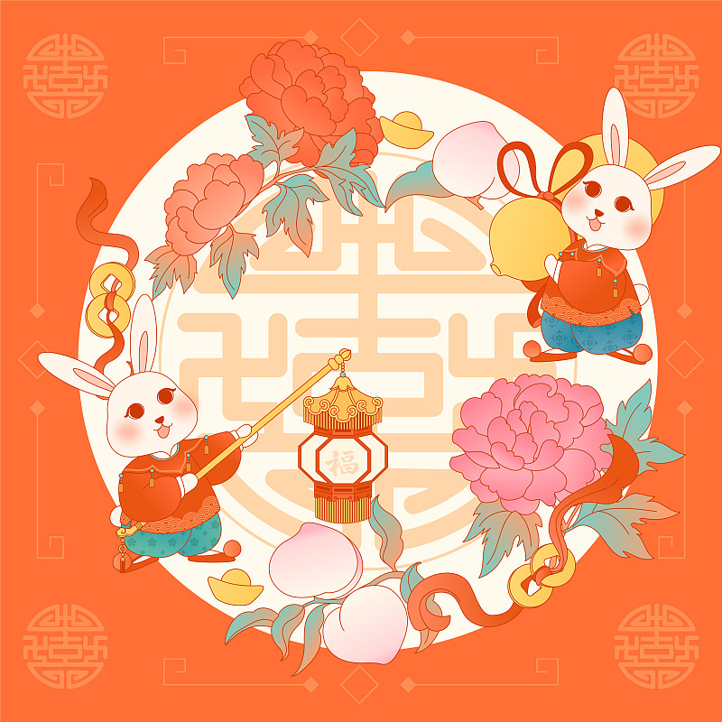 兔年春節牡丹兔子桃銅錢福壽國潮插畫圖片