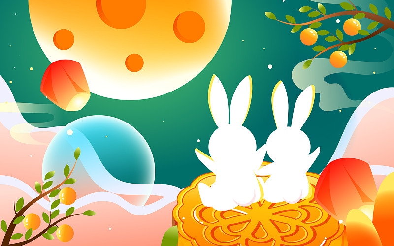 中秋節玉兔賞月吃月餅傳統節日兔子望月插畫圖片