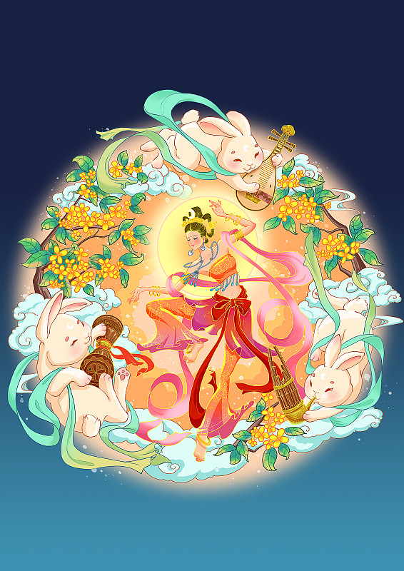 中秋節玉兔演奏月神起舞月舞插畫圖片