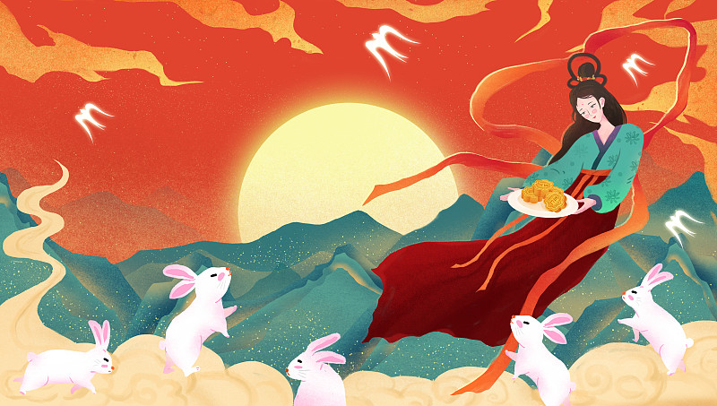 敦煌壁畫中國傳統節日玉兔中秋節嫦娥奔月插畫圖片
