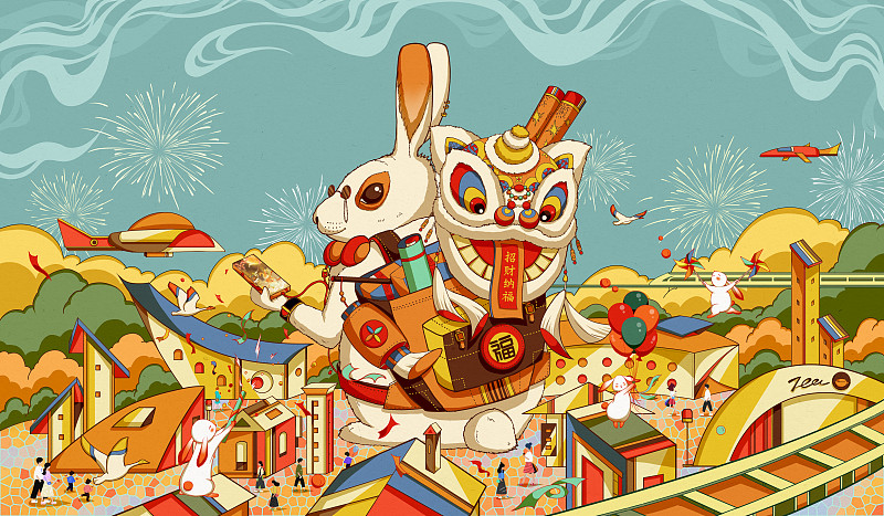 兔年春節喧鬧的市區插畫圖片