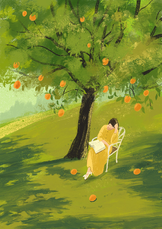 桔子樹插畫手繪女生看書綠色自然田園秋天桔子果實插畫圖片