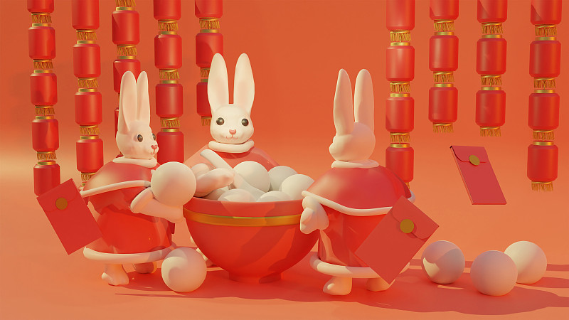 兔子吃湯圓慶祝新春快樂圖片下載