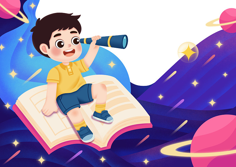 可愛的小男孩坐在書上用望遠鏡看星空圖片素材