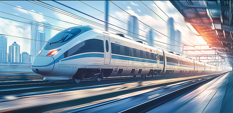 【AI数字艺术】高速列车在铁轨上高速行驶，背景是城市天际线图片下载