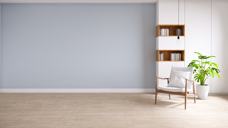 木地板上的白色扶手椅和柔和的藍色墻壁，極簡主義和復古室內圖片素材