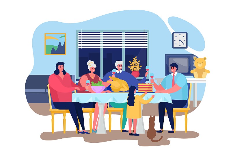 家庭晚餐矢量插圖，卡通扁幸福的人一起用餐在客廳家居室內，感恩節慶祝晚餐圖片素材