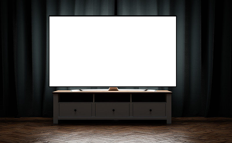電視OLED黑屏，在晚間的電視臺上以藍色窗簾為背景圖片素材