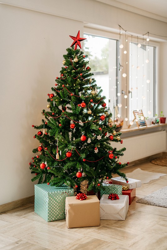 客廳里掛著禮物的圣誕樹圖片素材