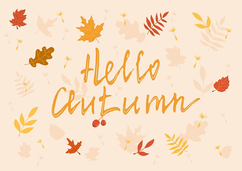 秋季背景與手繪字母和樹葉。你好,秋天。插畫圖片