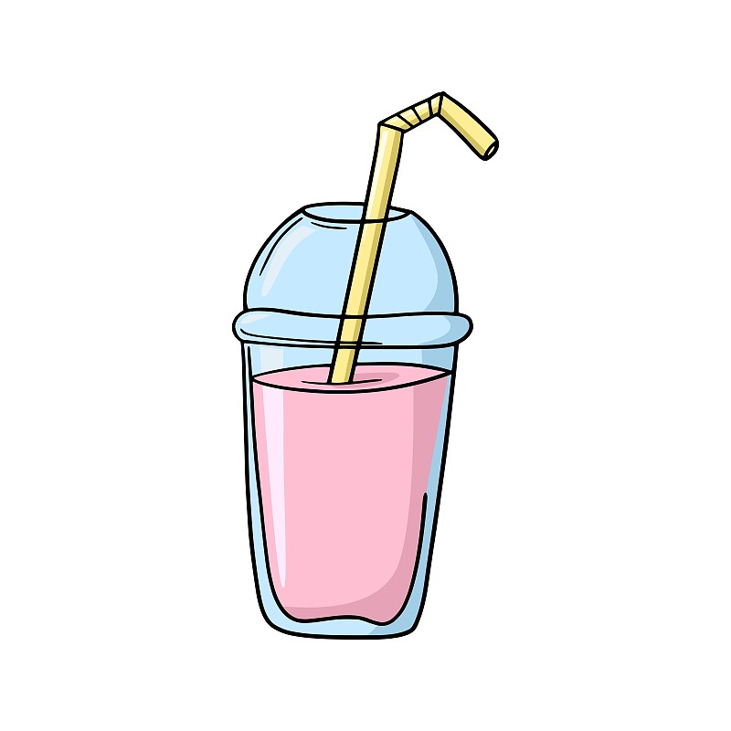 粉色水果奶昔，塑料杯里有一根吸管，矢量卡通插畫圖片