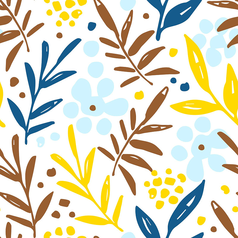 簡單的花矢量無縫圖案。黃色，棕色的樹枝，干燥的葉子，白色背景上的點。用于織物印花、紡織制品。秋冬收集。插畫圖片