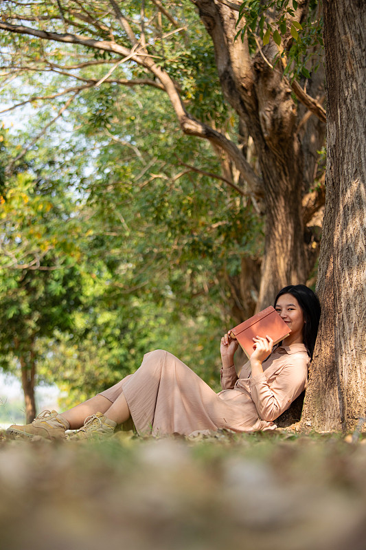 一个女人坐在一棵大树下看书图片下载