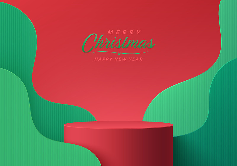 逼真的紅色3D圓柱形臺架與綠色波浪曲線層背景剪紙風格。圣誕快樂抽象最小場景模型產品展示，舞臺展示。向量的幾何形式。插畫圖片