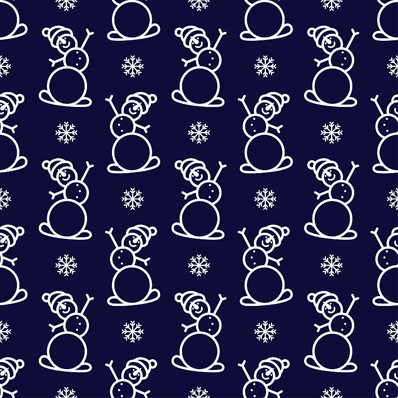 小白色輪廓線性雪人和雪花孤立在深藍色的背景?？蓯鄣膯紊フQ無縫圖案。矢量簡單的平面圖形插圖。紋理。插畫圖片