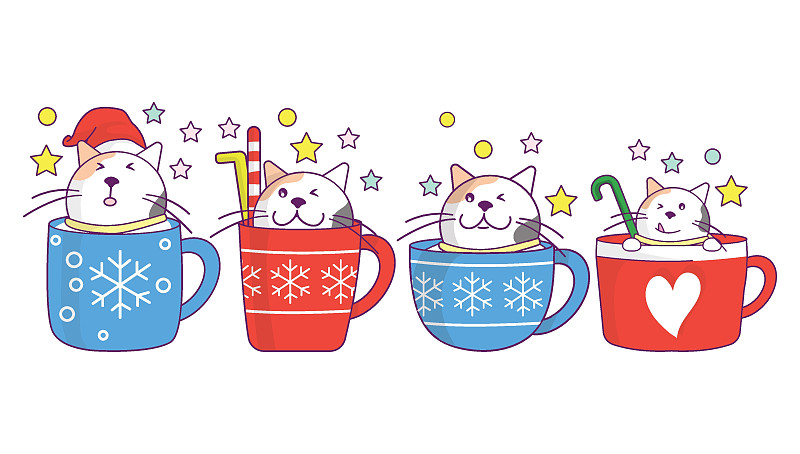 收集可愛的貓在圣誕飲料杯，咖啡或茶涂鴉卡通風格。插畫圖片