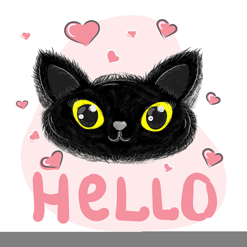 Hello貓可愛的孩子印花愛心，小貓t恤設計的孩子衣服插畫圖片