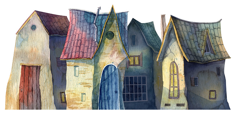 卡通老城街景。有彎曲瓦屋頂和磚煙囪的小房子。水彩手繪詳細的高質量的賀卡和明信片的設計插圖。黑暗的村莊插畫圖片