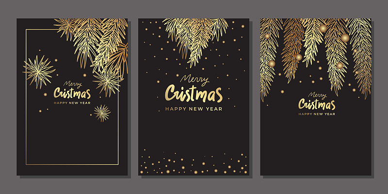 一套豪華的金色圣誕模板。金色的圣誕樹，松枝，煙花插畫圖片
