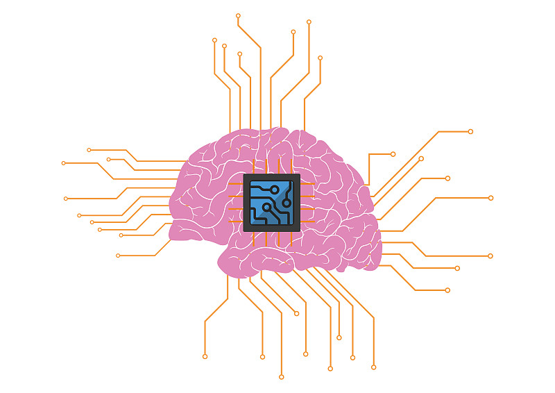 大腦與人工智能和數字電路隔離在白色背景矢量插圖插畫圖片
