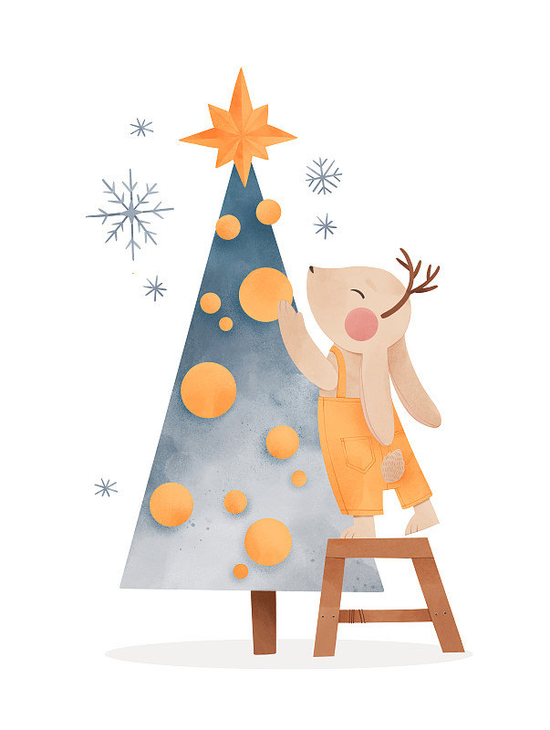 手繪插圖與圣誕樹，裝飾和兔子。新年快樂。冬天的場景，藍色的冷杉樹和可愛的兔子。非常適合做卡片，請柬，家居裝飾，印花圖片下載