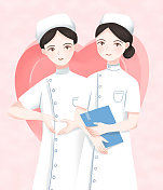 两位站立的女性护士半身像 手绘插画图片素材