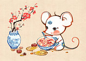 小老鼠吃腊八粥水墨画图片素材