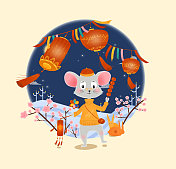 拿着灯笼和糖葫芦逛庙会的拟人老鼠插画系列图片素材