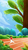 插画春天春分清明户外大自然运动排布女孩天空植物树绿叶蓝天跑道图片素材
