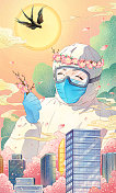 医护人员拿着桃花戴口罩春天插画图片素材