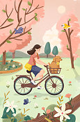 春天公园里的骑单车女孩和她的小狗图片素材
