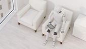 机器人坐在扶手椅上与平板电脑，3D渲染图片素材