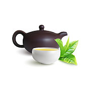 中国茶道用的泥茶壶和茶杯。绿茶图片素材