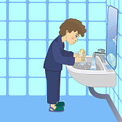 男孩在水槽和镜子前用肥皂洗手。矢量插图。图片素材