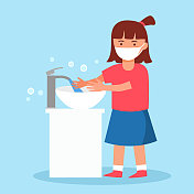 一名戴着医用口罩的女童在水槽中洗手。在水龙头下用肥皂和水洗手。平面设计的病毒和细菌预防保健。图片素材