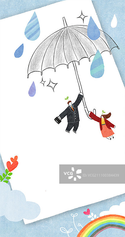 男人和女人撑着伞在雨天的天空中飞翔图片素材