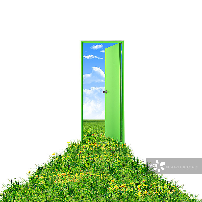 打开门，通往美丽干净的自然，绿草蓝天图片素材