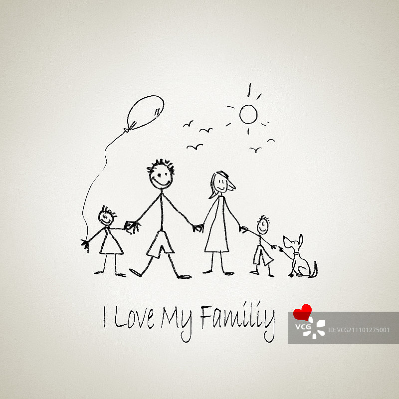 我爱我的家人。描绘快乐的父母和孩子的滑稽形象图片素材