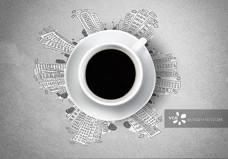 喝咖啡的时间。白色的咖啡和周围的建筑草图图片素材