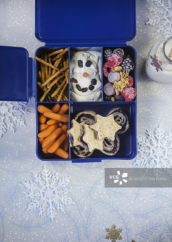 各种各样的冬季零食装在一个有隔板的塑料盒子里图片素材